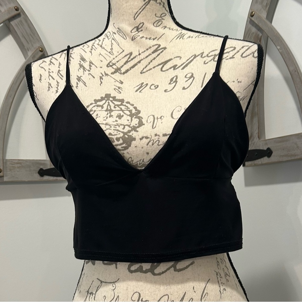 PrettyLittleThing Black Bralette V-Neck Silky Spaghetti Straps Fitted Size 12